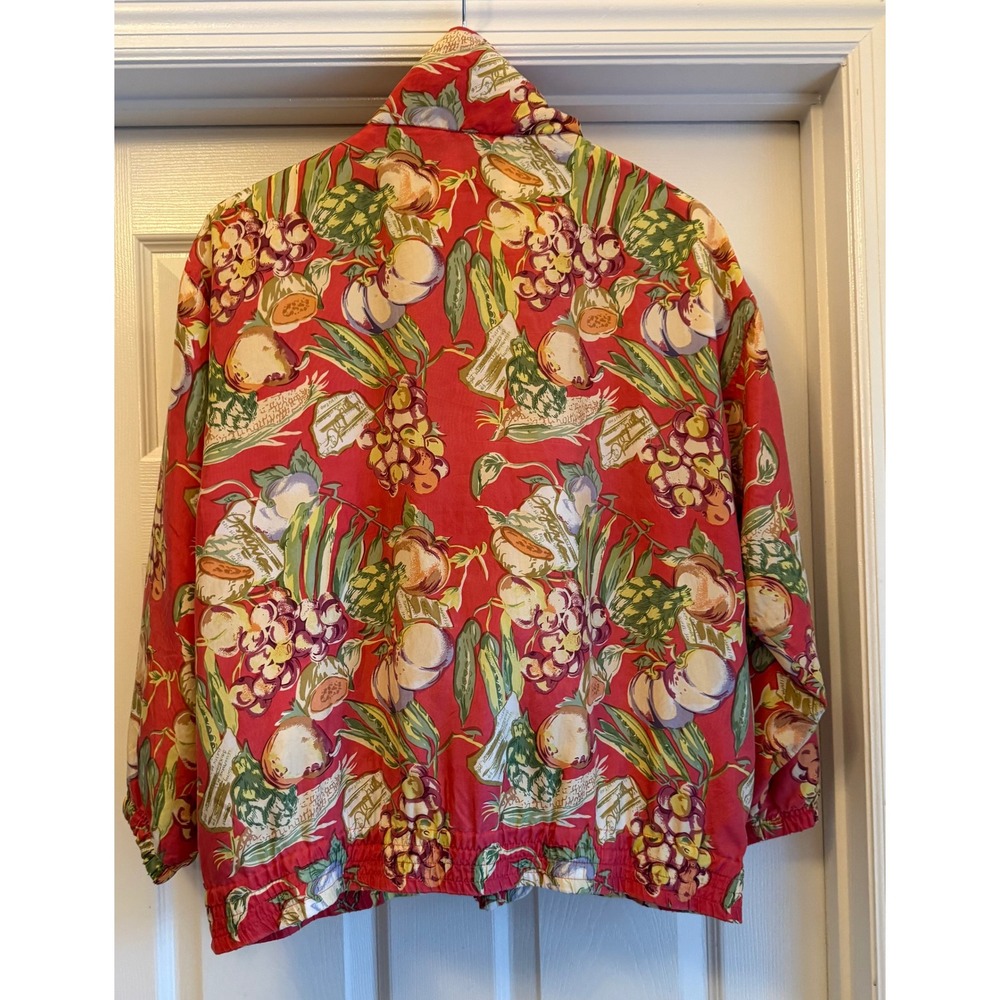 EVR Silk Bomber Jacket Womens Medium Red Fruit Botanical Print Vintage 90s Zip
